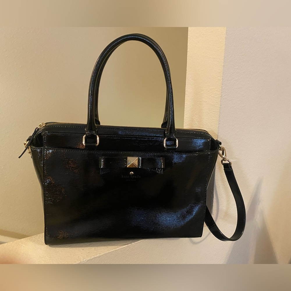 Kate Spade Patent Leather Large Black Handbag.2 Handles/Strap. Inside Divider.